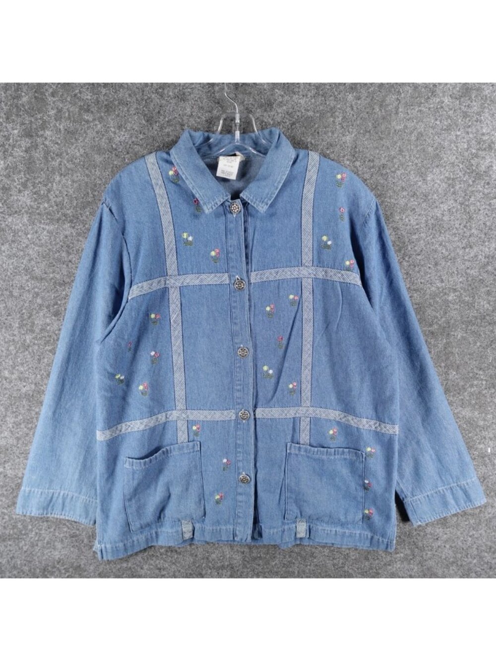 Vintage Teddi Denim Jacket Womens L Blue Retro Cottagecore Embroidered Floral